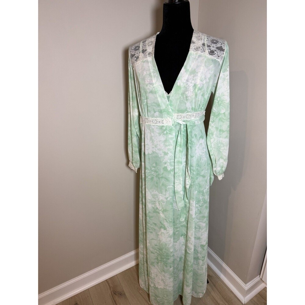 Vintage Saks Fifth Avenue Peignoir Set Nightgown Robe Mint Green Floral Lace -sm